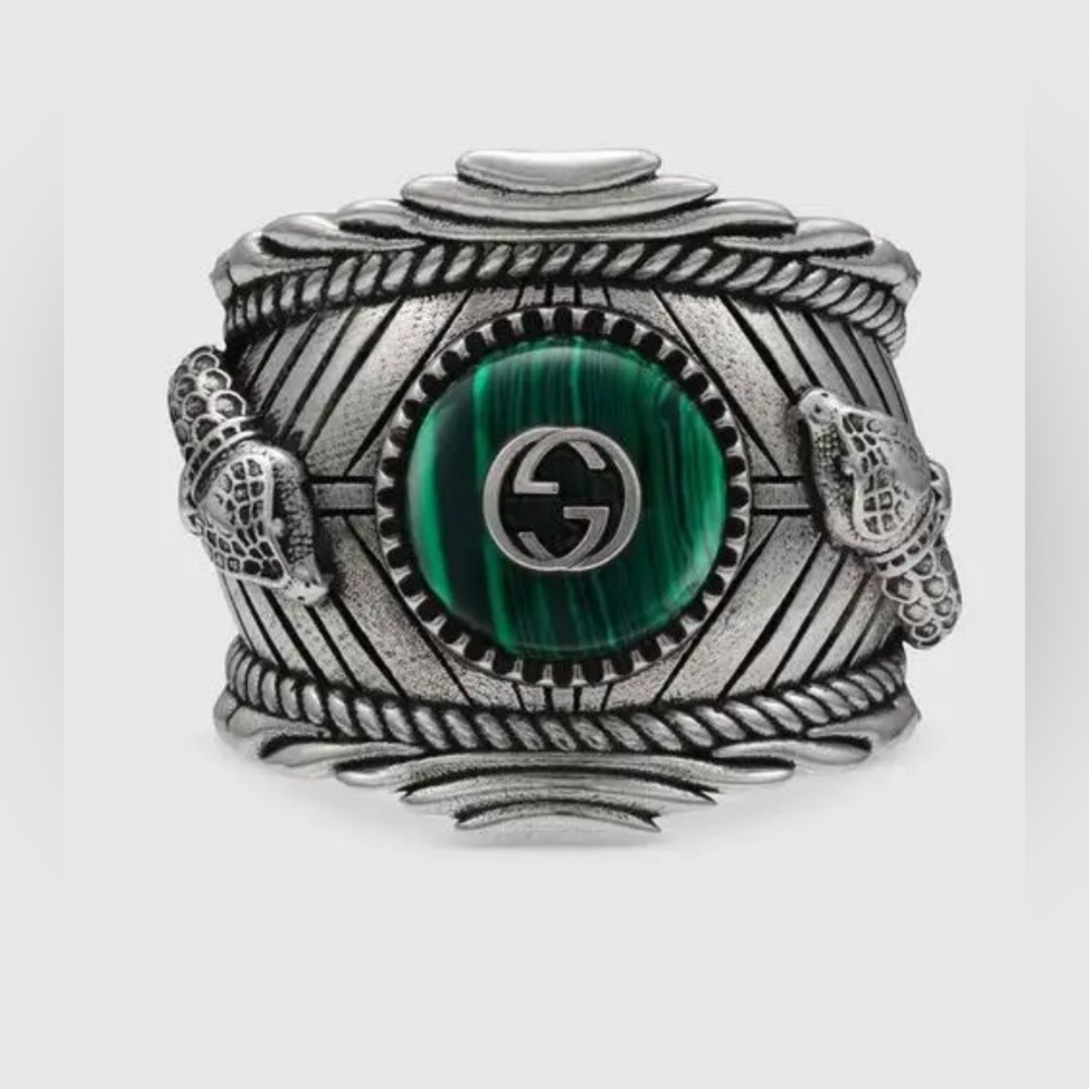 GUCCI Malachite Stone Gucci Garden Snake Tiger Heavy 925 Silver Ring 8.75US RARE